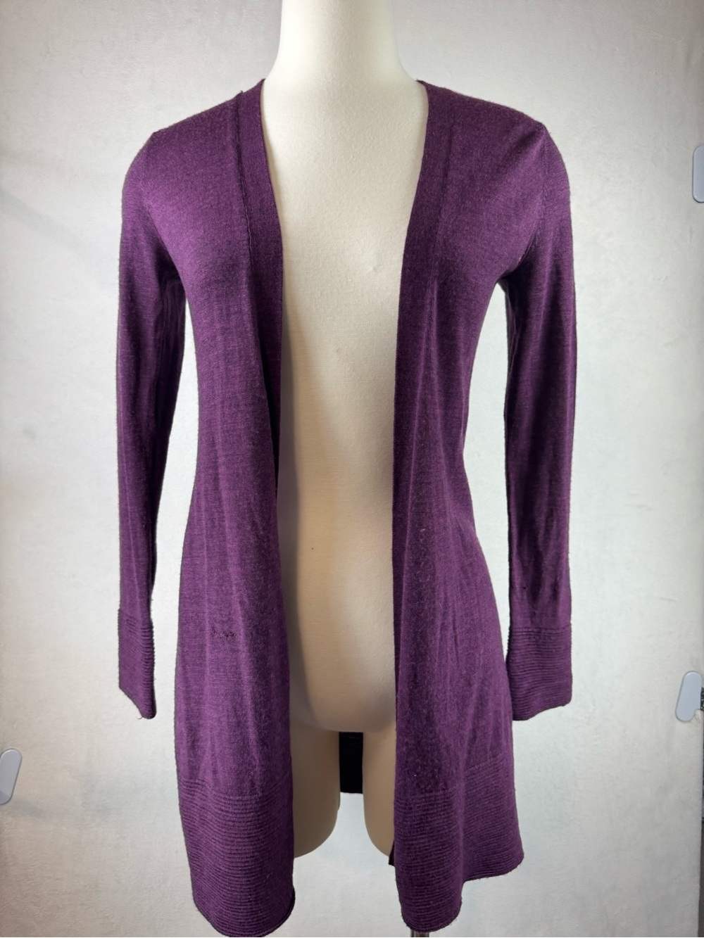 Max Studio Deep Purple Open-Front Long Merino Wool Cardigan Small